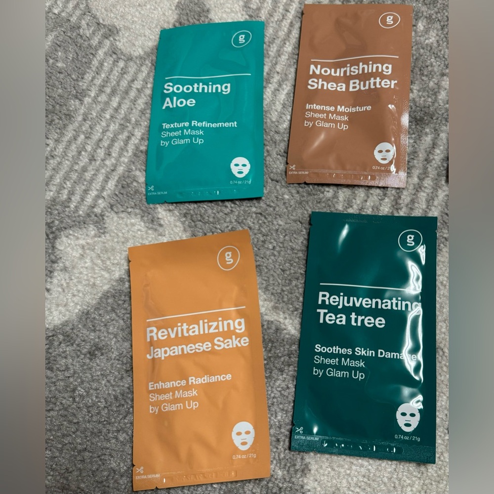 Glam Up Set of 4 Face Sheet Masks Soothing Nourishing Revitalizing Rejuvenating